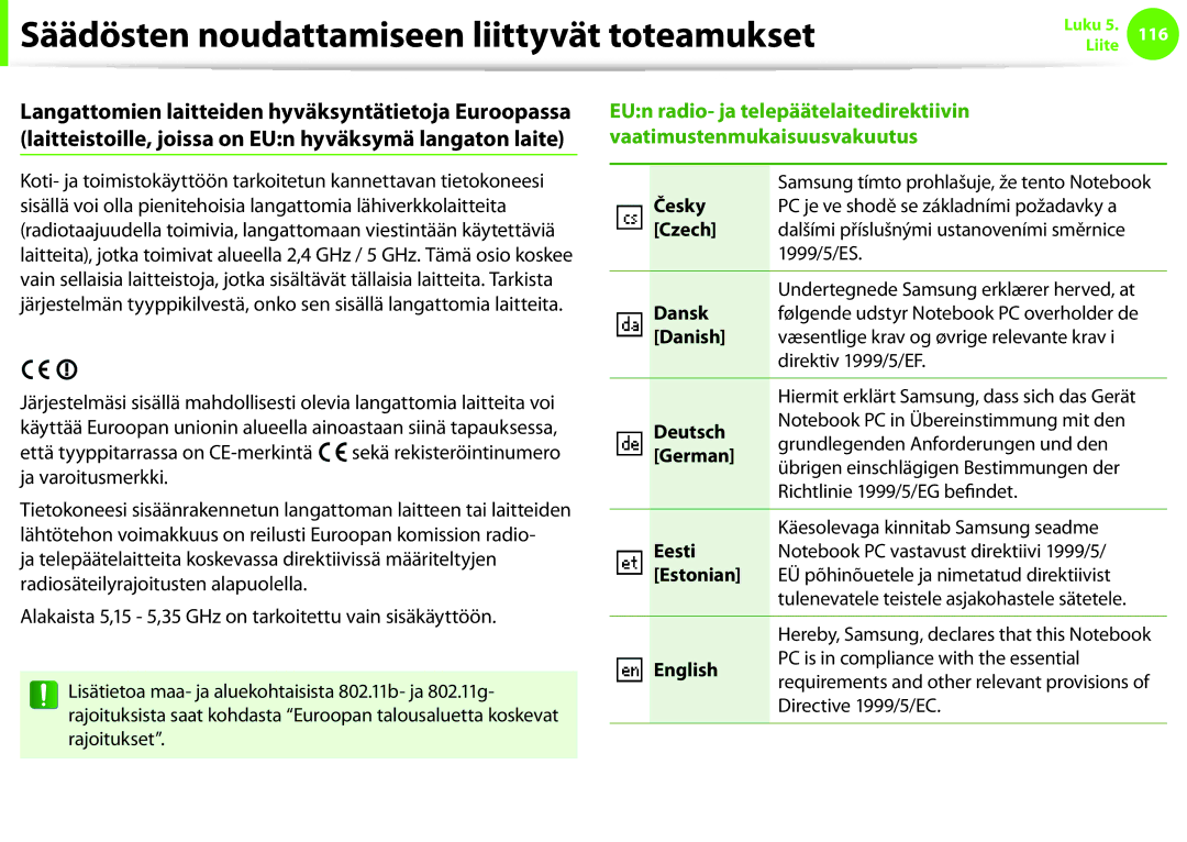 Samsung NP900X4C-A04SE, NP900X3G-K03SE manual Česky, Czech, Dansk, Danish, Deutsch, German, Eesti, Estonian, English 