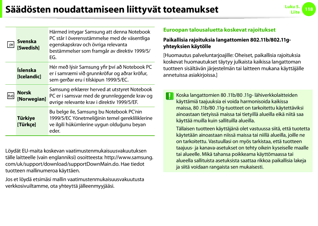 Samsung NP900X4C-A05SE manual Svenska, Egenskapskrav och övriga relevanta, Swedish, Íslenska, Icelandic, Norsk, Norwegian 