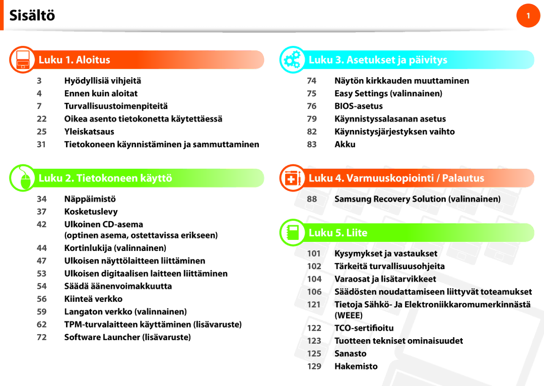 Samsung NP900X4D-K03SE manual Luku 1. Aloitus, Luku 2. Tietokoneen käyttö, Luku 3. Asetukset ja päivitys, Luku 5. Liite 