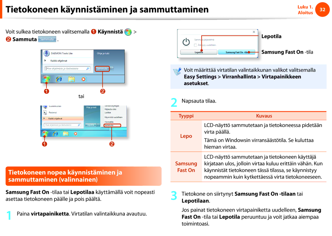 Samsung NP900X3F-K03SE manual Lepotila Sammuta, Easy Settings Virranhallinta Virtapainikkeen asetukset, Lepotilaan 