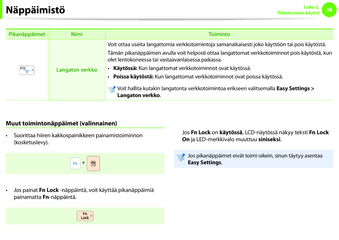 Samsung NP900X3F-G01SE manual Muut toimintonäppäimet valinnainen, Olet lentokoneessa tai vastaavanlaisessa paikassa 