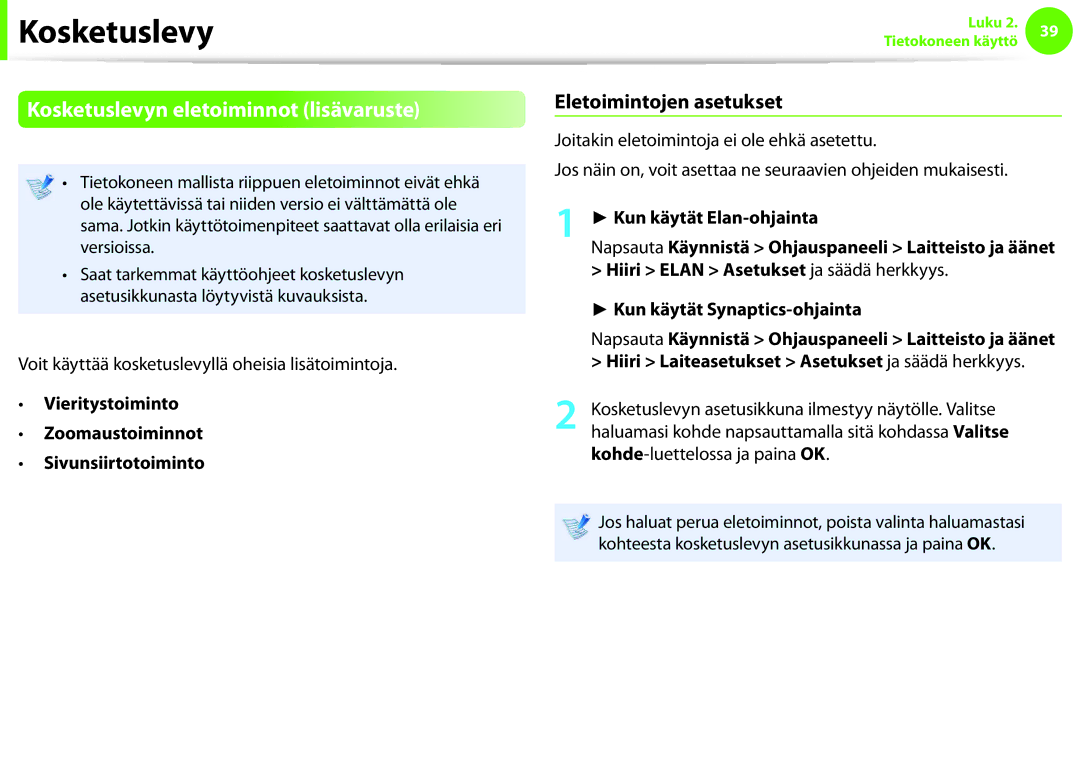 Samsung NP900X4D-B01SE, NP900X3G-K03SE, NP900X4D-A06SE Kosketuslevyn eletoiminnot lisävaruste, Eletoimintojen asetukset 