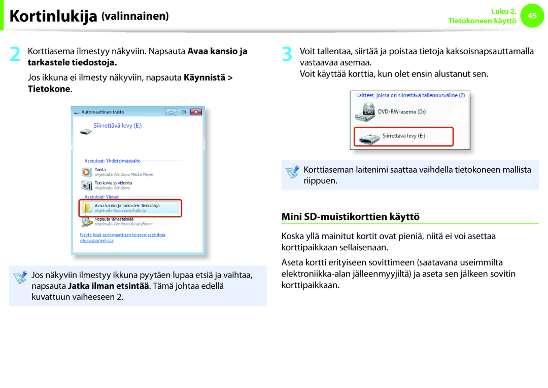 Samsung NP900X3E-A02SE, NP900X3G-K03SE, NP900X4D-A06SE, NP900X4D-K03SE manual Mini SD-muistikorttien käyttö, Tietokone 
