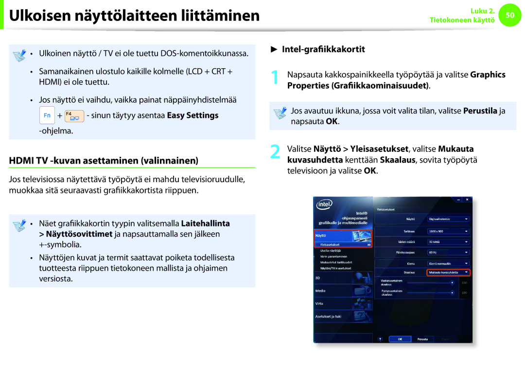 Samsung NP900X4C-K01SE manual Hdmi TV -kuvan asettaminen valinnainen, Properties Grafiikkaominaisuudet, Napsauta OK 