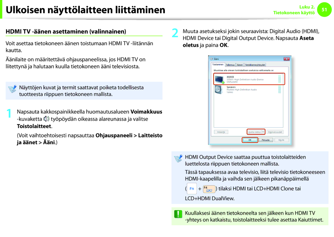 Samsung NP900X4C-A01SE, NP900X3G-K03SE, NP900X4D-A06SE manual Hdmi TV -äänen asettaminen valinnainen, Oletus ja paina OK 