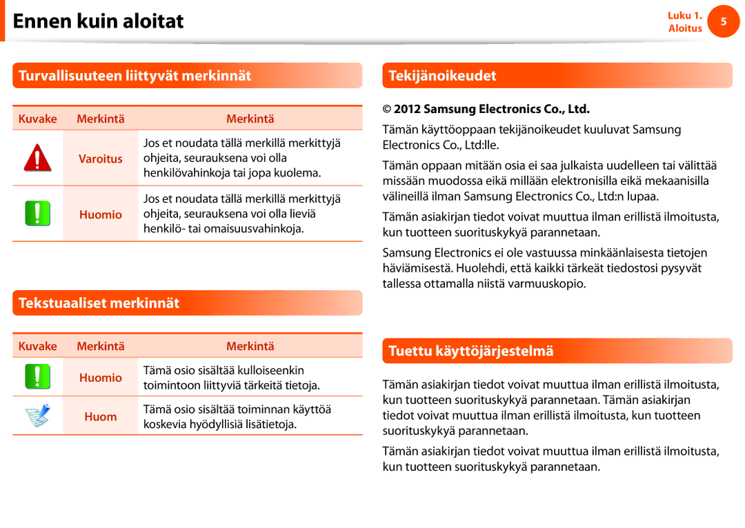 Samsung NP900X4C-A02SE, NP900X3G-K03SE manual Turvallisuuteen liittyvät merkinnät, Tekstuaaliset merkinnät, Tekijänoikeudet 