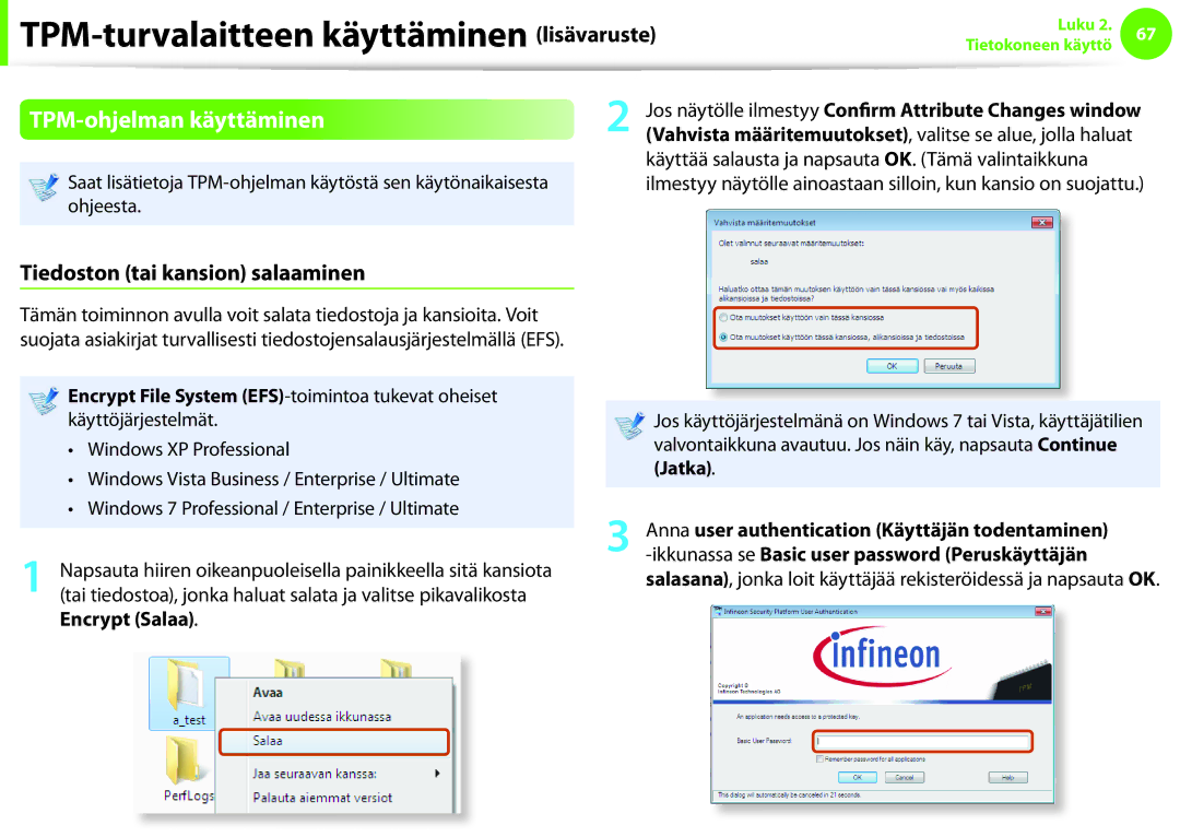 Samsung NP900X3C-A03SE, NP900X3G-K03SE, NP900X4D-A06SE manual TPM-ohjelman käyttäminen, Tiedoston tai kansion salaaminen 