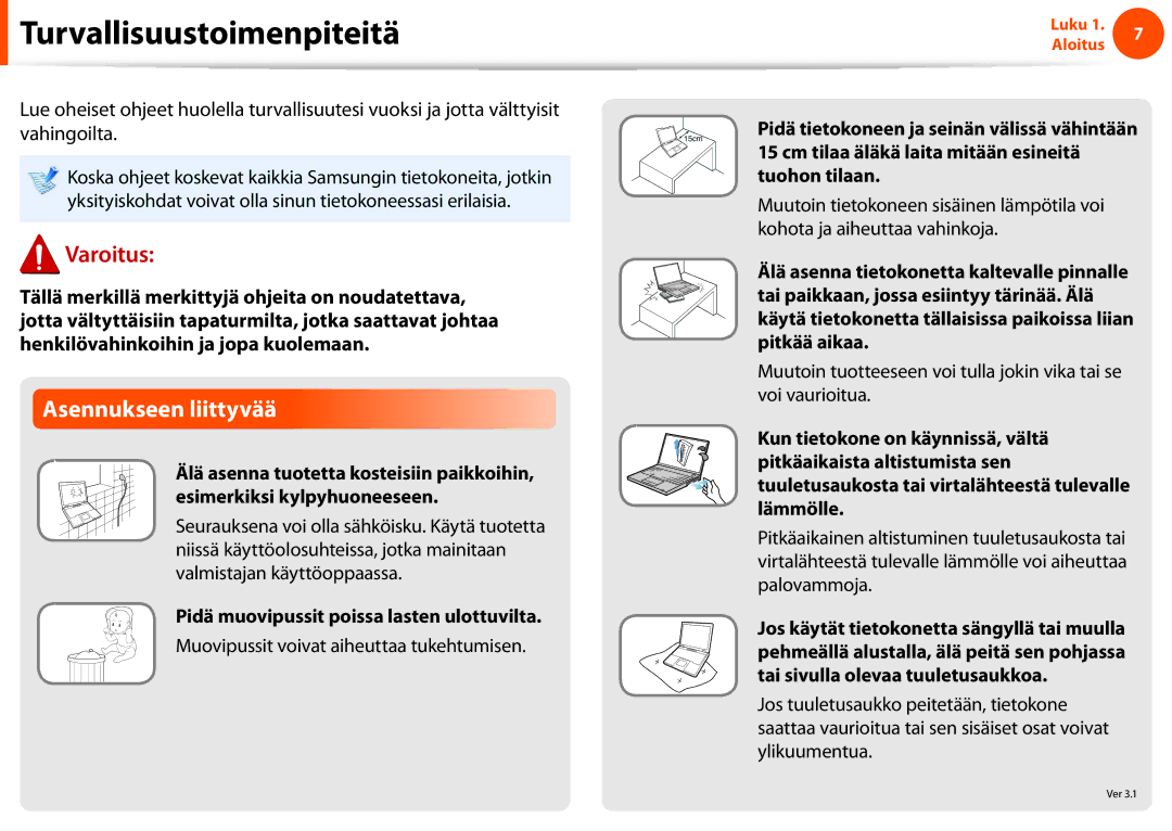 Samsung NP900X3E-A01SE, NP900X3G-K03SE, NP900X4D-A06SE Asennukseen liittyvää, Pidä muovipussit poissa lasten ulottuvilta 