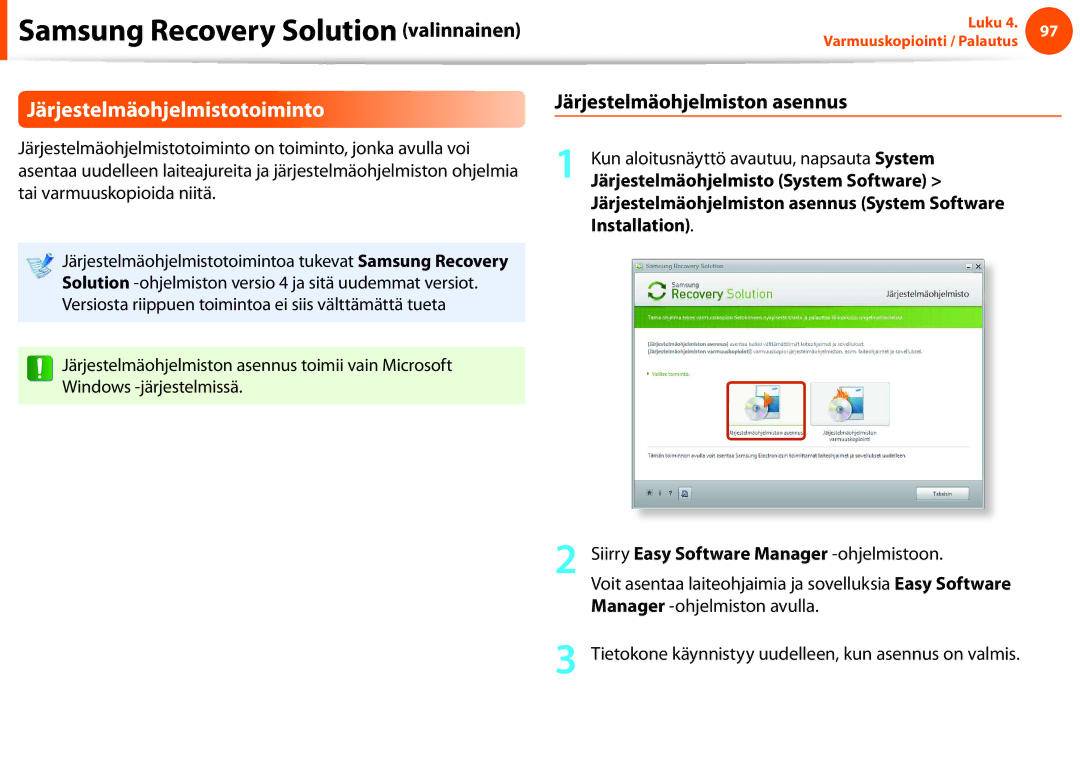 Samsung NP900X4D-K03SE, NP900X3G-K03SE, NP900X4D-A06SE manual Järjestelmäohjelmistotoiminto, Manager -ohjelmiston avulla 