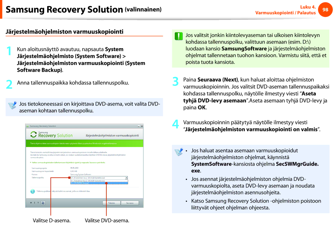 Samsung NP900X4C-K01SE Järjestelmäohjelmiston varmuuskopiointi, Järjestelmäohjelmisto System Software, Software Backup 