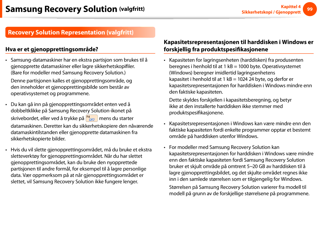 Samsung NP900X4C-A01SE, NP900X3G-K03SE manual Recovery Solution Representation valgfritt, Hva er et gjenopprettingsområde? 