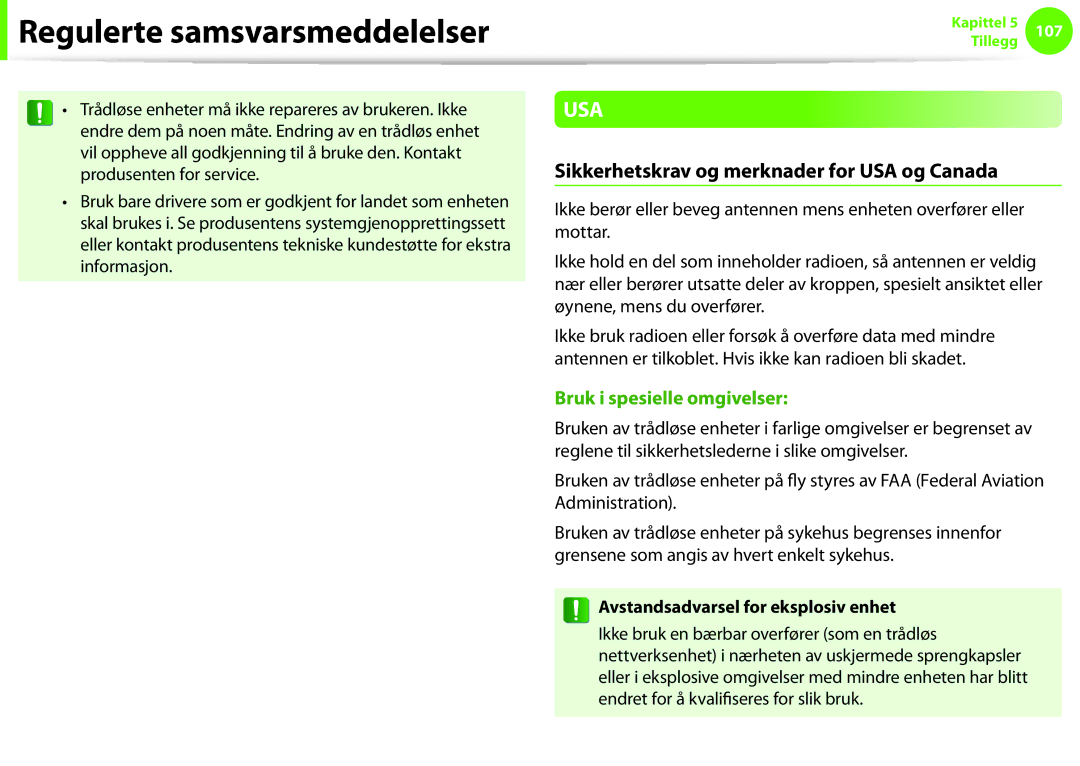 Samsung NP900X3E-K01SE, NP900X3G-K03SE Sikkerhetskrav og merknader for USA og Canada, Avstandsadvarsel for eksplosiv enhet 