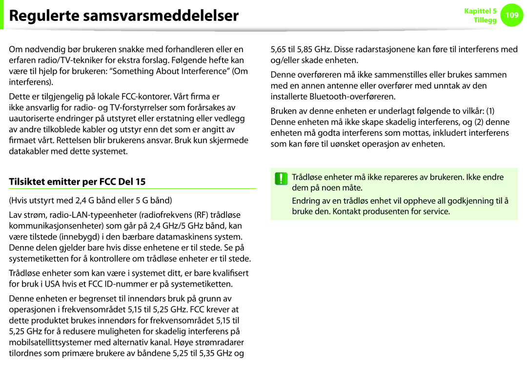 Samsung NP900X3G-K01SE, NP900X3G-K03SE manual Tilsiktet emitter per FCC Del, Hvis utstyrt med 2,4 G bånd eller 5 G bånd 