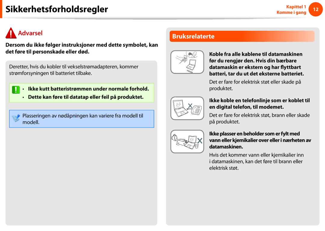 Samsung NP900X3F-G01SE, NP900X3G-K03SE manual Bruksrelaterte, Det er fare for elektrisk støt eller skade på produktet 