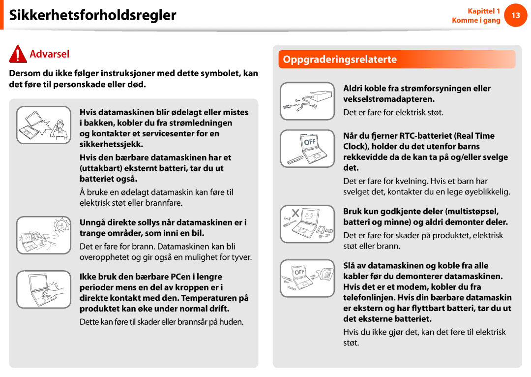 Samsung NP900X3G-K01SE, NP900X3G-K03SE manual Oppgraderingsrelaterte, Dette kan føre til skader eller brannsår på huden 