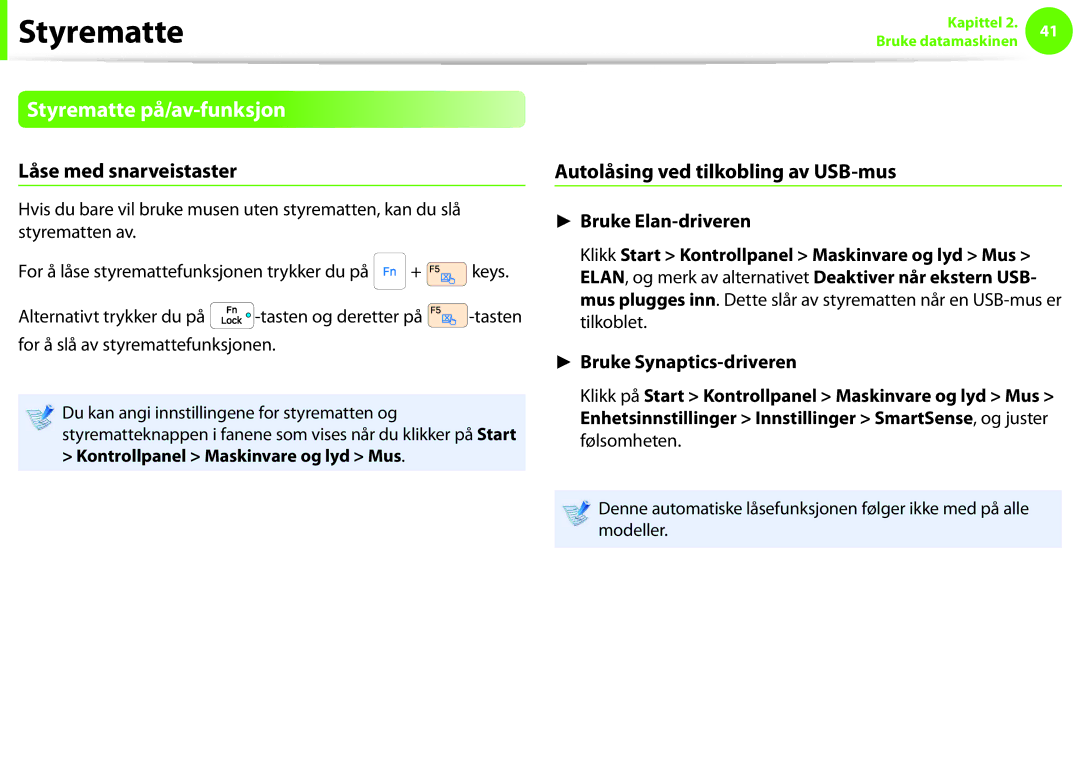 Samsung NP900X3C-A02SE manual Styrematte på/av-funksjon, Låse med snarveistaster, Autolåsing ved tilkobling av USB-mus 