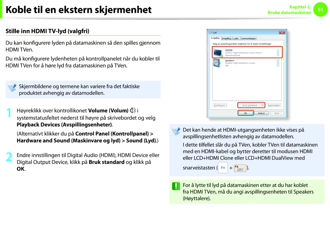 Samsung NP900X4C-A01SE, NP900X3G-K03SE, NP900X4D-A06SE Stille inn Hdmi TV-lyd valgfri, Playback Devices Avspillingsenheter 