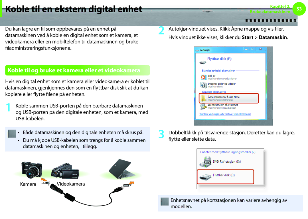 Samsung NP900X4C-A02SE manual Koble til en ekstern digital enhet, Koble til og bruke et kamera eller et videokamera 