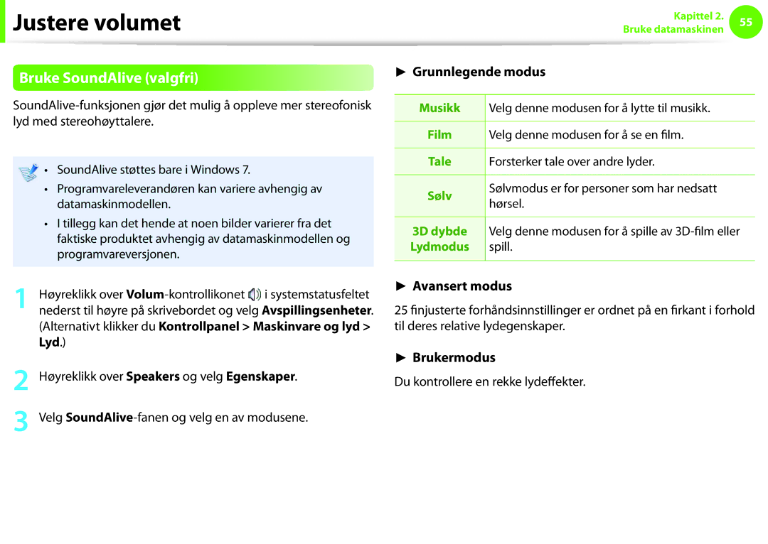 Samsung NP900X3E-A01SE, NP900X3G-K03SE, NP900X4D-A06SE, NP900X4D-K03SE, NP900X4C-K01SE manual Bruke SoundAlive valgfri, Lyd 