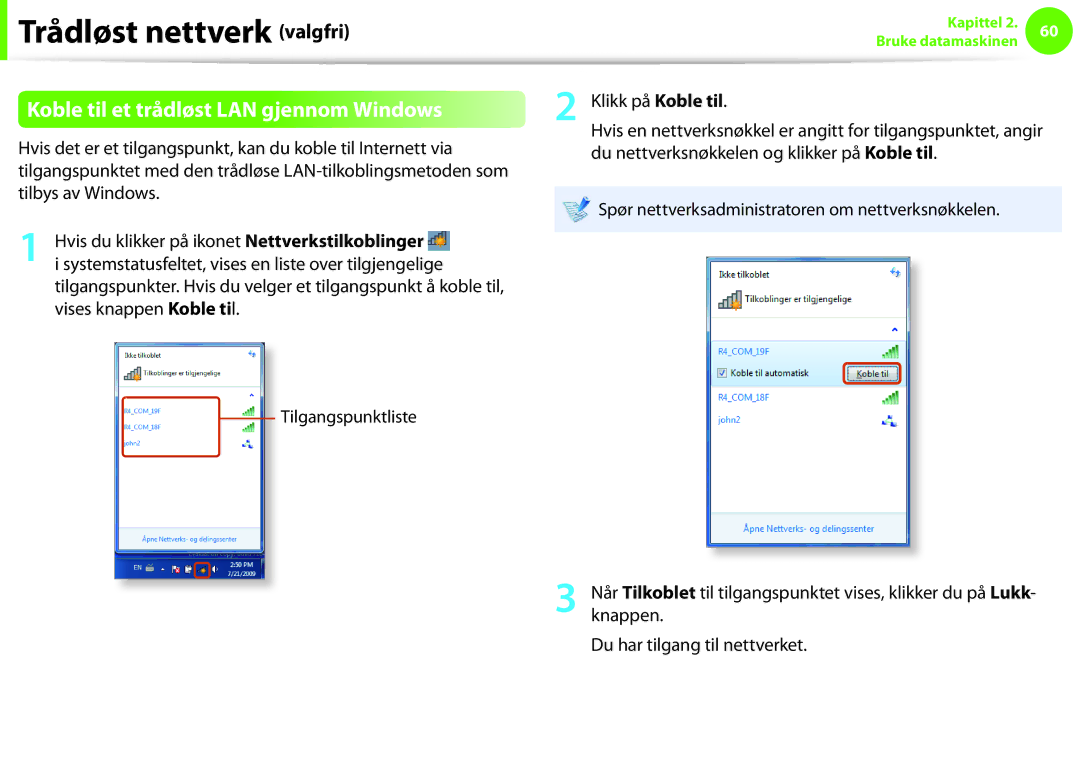 Samsung NP900X3F-G01SE, NP900X3G-K03SE, NP900X4D-A06SE, NP900X4D-K03SE manual Koble til et trådløst LAN gjennom Windows 
