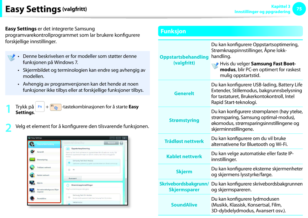 Samsung NP900X4C-A01SE, NP900X3G-K03SE, NP900X4D-A06SE, NP900X4D-K03SE, NP900X4C-K01SE manual Easy Settings valgfritt, Funksjon 