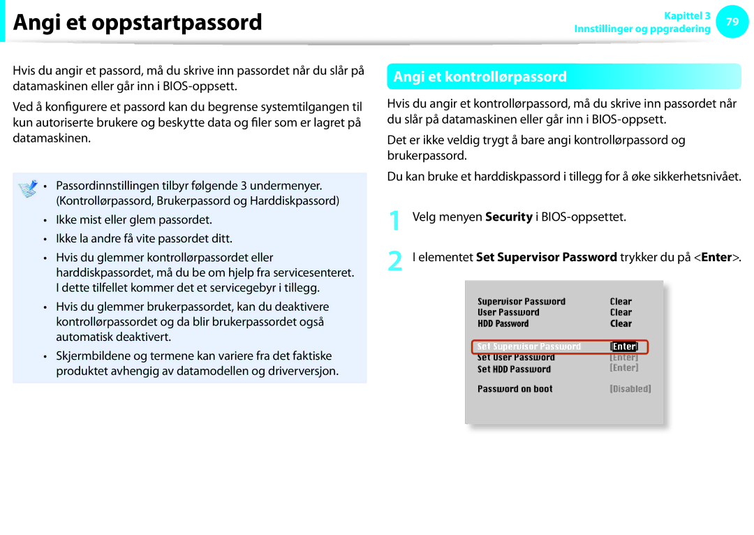 Samsung NP900X3E-A01SE manual Angi et oppstartpassord, Angi et kontrollørpassord, Velg menyen Security i BIOS-oppsettet 