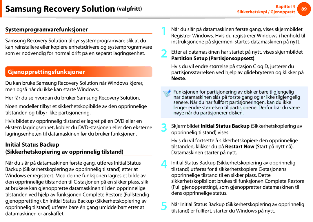 Samsung NP900X3C-A02SE manual Gjenopprettingsfunksjoner, Systemprogramvarefunksjoner, Partition Setup Partisjonsoppsett 