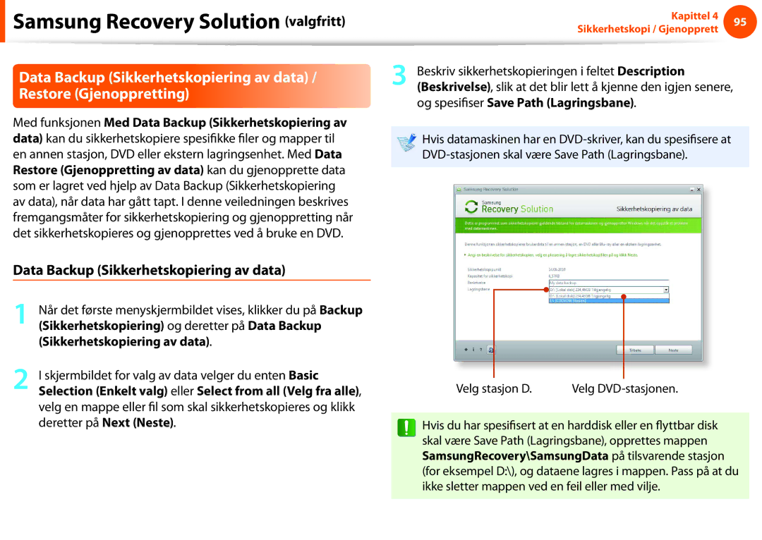 Samsung NP900X3G-K03SE, NP900X4D-A06SE, NP900X4D-K03SE, NP900X4C-K01SE manual Data Backup Sikkerhetskopiering av data 