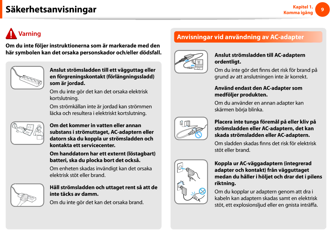 Samsung NP900X3C-A01SE Anvisningar vid användning av AC-adapter, Om du inte gör det kan det orsaka elektrisk kortslutning 