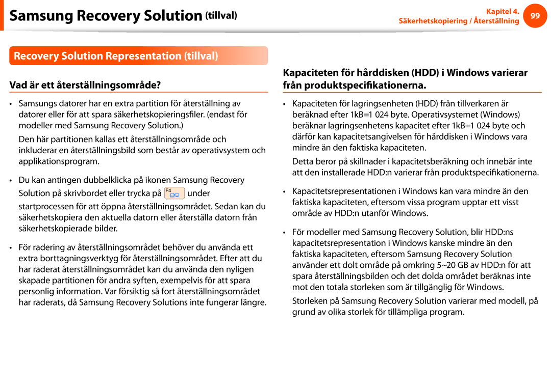 Samsung NP900X4C-A01SE, NP900X3G-K03SE manual Recovery Solution Representation tillval, Vad är ett återställningsområde? 