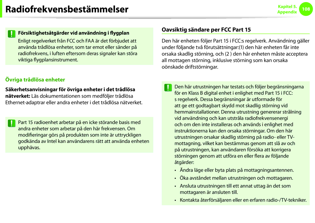 Samsung NP900X3F-G01SE, NP900X3G-K03SE Oavsiktig sändare per FCC Part, Försiktighetsåtgärder vid användning i flygplan 