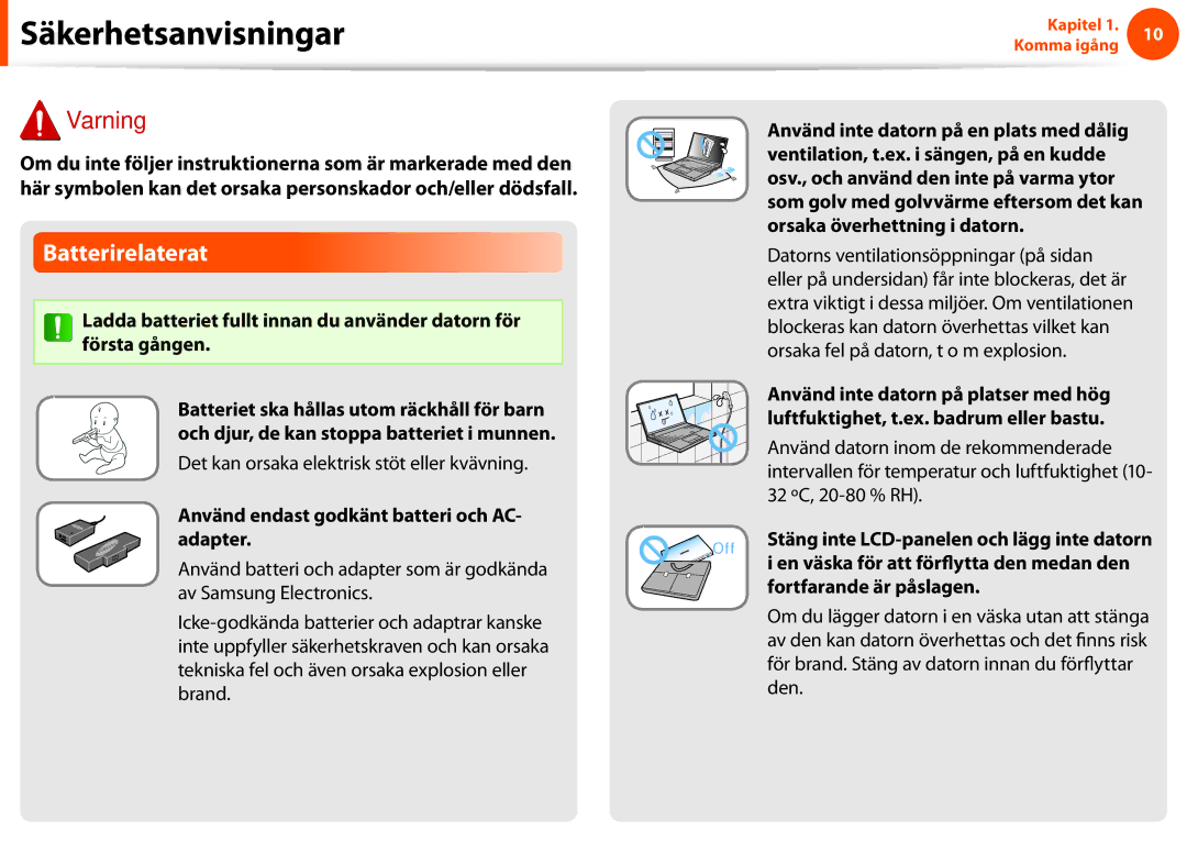 Samsung NP900X3C-A06SE, NP900X3G-K03SE, NP900X4D-A06SE manual Batterirelaterat, Det kan orsaka elektrisk stöt eller kvävning 