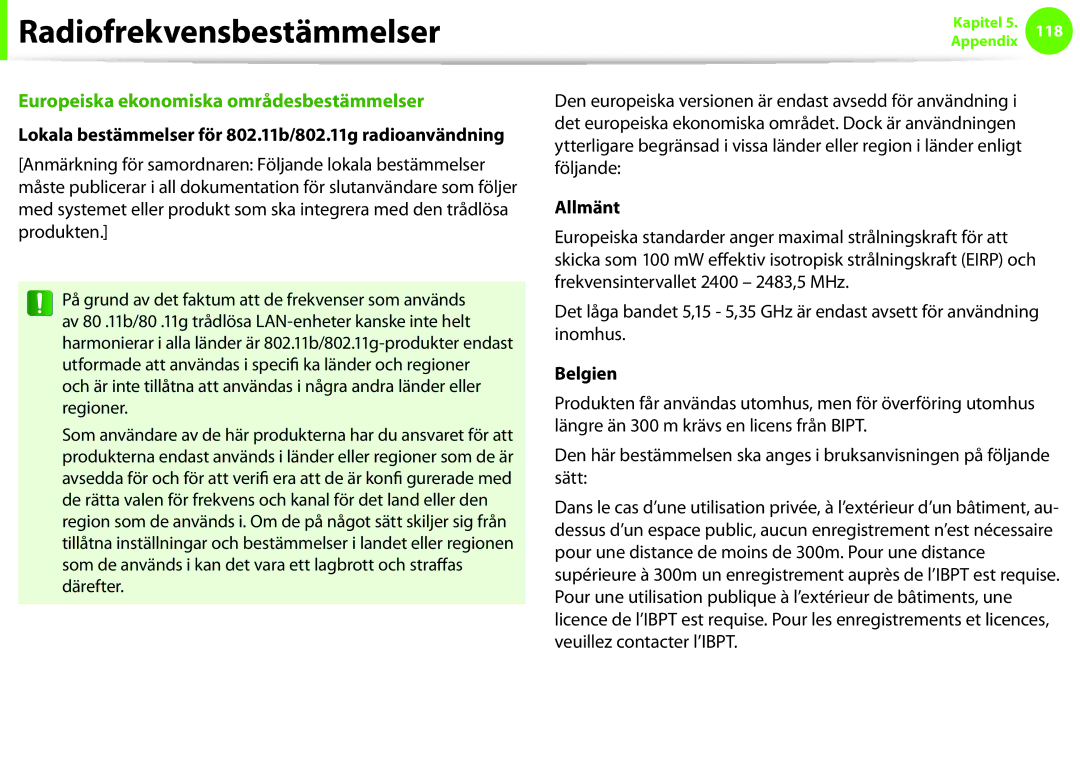 Samsung NP900X4C-A05SE, NP900X3G-K03SE manual Lokala bestämmelser för 802.11b/802.11g radioanvändning, Allmänt, Belgien 