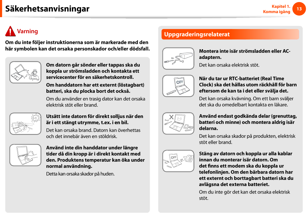 Samsung NP900X3G-K01SE, NP900X3G-K03SE, NP900X4D-A06SE manual Uppgraderingsrelaterat, Detta kan orsaka skador på huden 