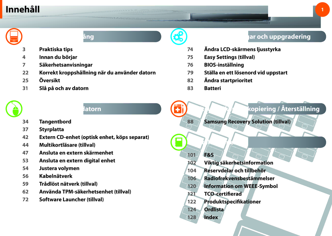 Samsung NP900X4D-K03SE manual Kapitel 1. Komma igång, Kapitel 2. Använda datorn, Kapitel 3. Inställningar och uppgradering 