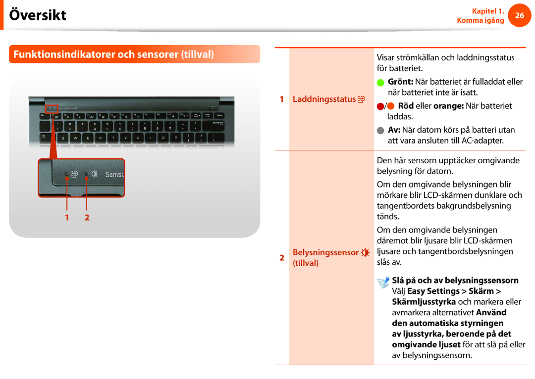 Samsung NP900X4C-K01SE Funktionsindikatorer och sensorer tillval, Visar strömkällan och laddningsstatus för batteriet 