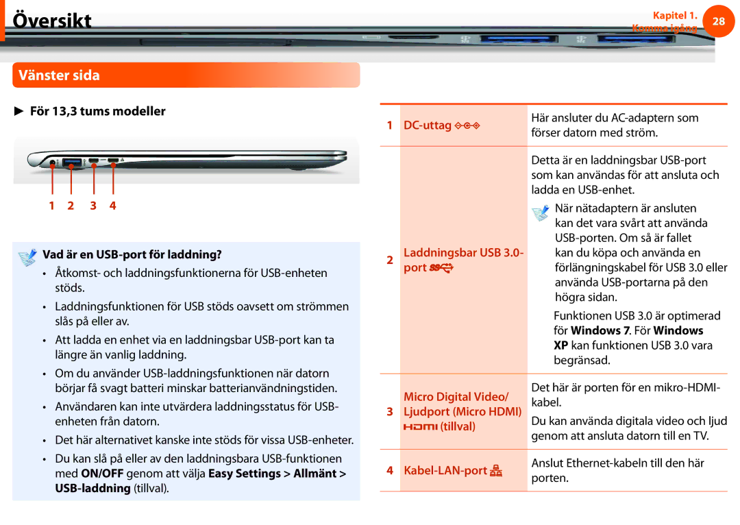 Samsung NP900X3F-G02SE, NP900X3G-K03SE manual Vänster sida, Vad är en USB-port för laddning?, För Windows 7. För Windows 