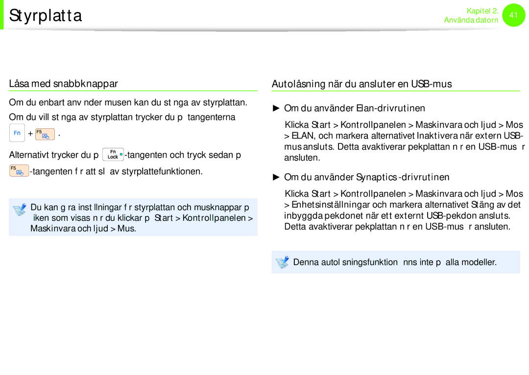 Samsung NP900X3C-A02SE manual Funktionen styrplatta på/av, Låsa med snabbknappar, Autolåsning när du ansluter en USB-mus 