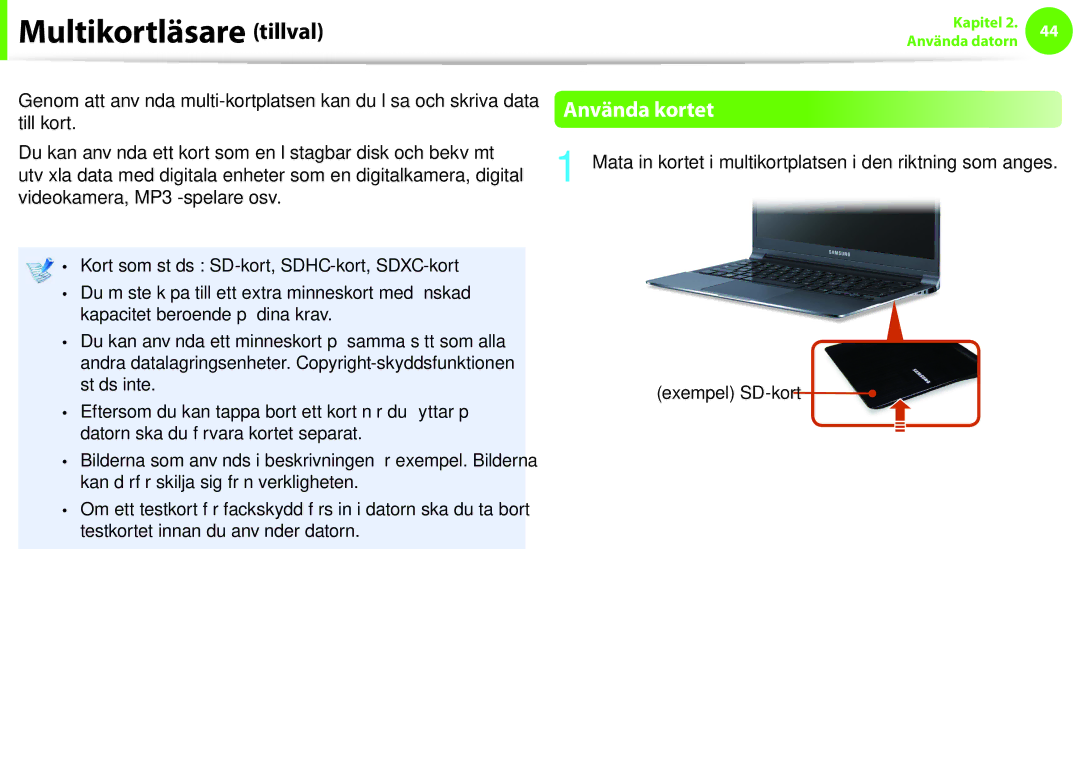 Samsung NP900X4C-A04SE, NP900X3G-K03SE, NP900X4D-A06SE, NP900X4D-K03SE manual Multikortläsare tillval, Använda kortet 