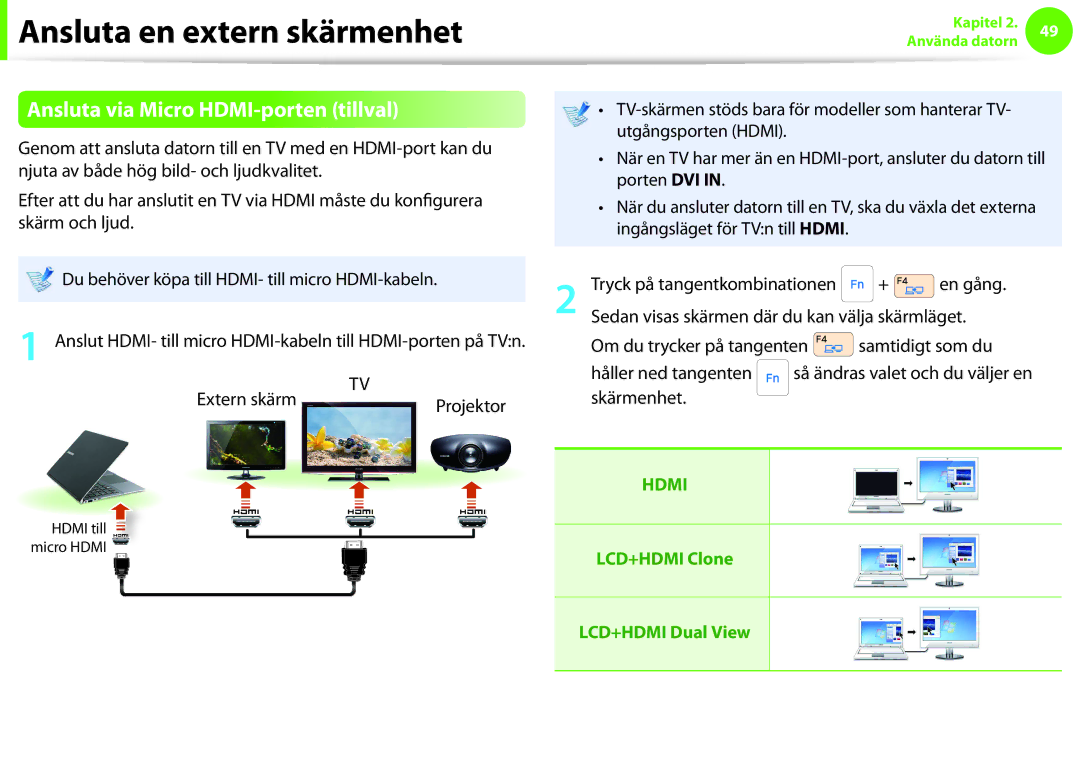 Samsung NP900X4D-K03SE Genom att ansluta datorn till en TV med en HDMI-port kan du, Skärm och ljud, Håller ned tangenten 