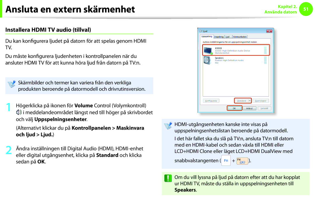 Samsung NP900X4C-A01SE manual Installera Hdmi TV audio tillval, Högerklicka på ikonen för Volume Control Volymkontroll 