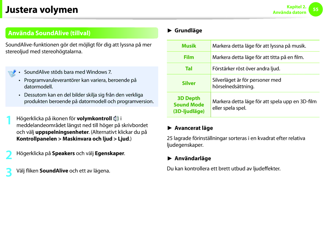 Samsung NP900X3E-A01SE, NP900X3G-K03SE manual Använda SoundAlive tillval, Du kan kontrollera ett brett utbud av ljudeffekter 