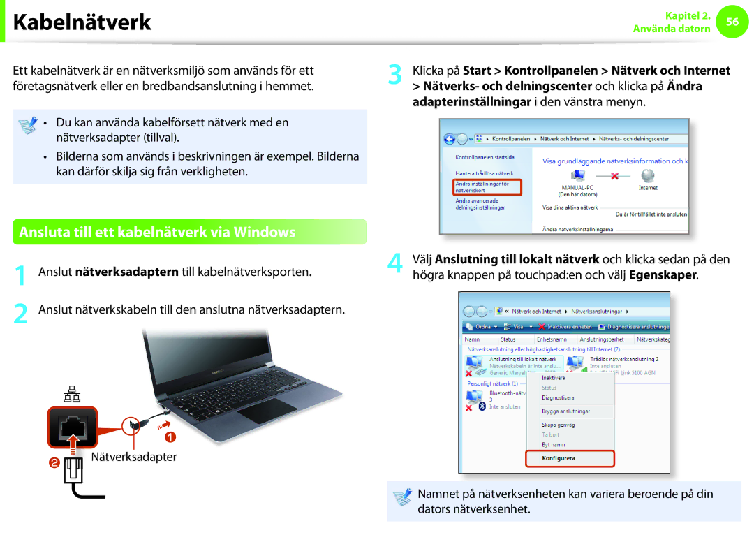 Samsung NP900X3F-K03SE, NP900X3G-K03SE, NP900X4D-A06SE manual Kabelnätverk, Ansluta till ett kabelnätverk via Windows 