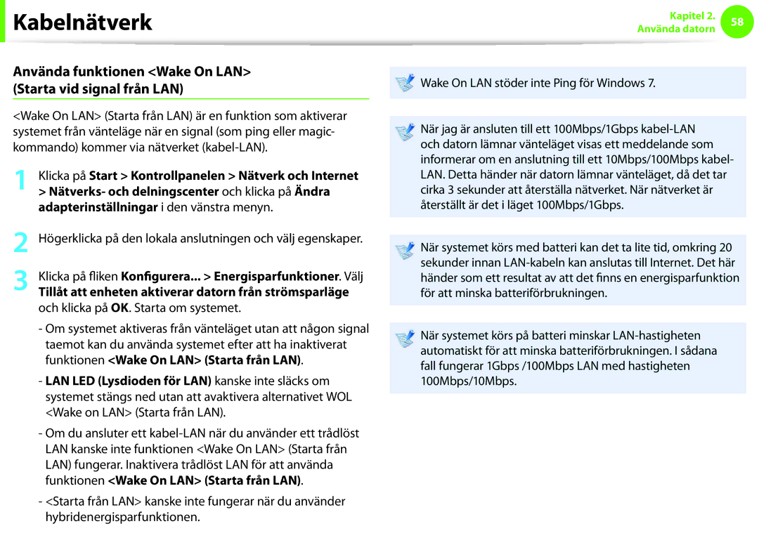 Samsung NP900X3C-A06SE Använda funktionen Wake On LAN Starta vid signal från LAN, Adapterinställningar i den vänstra menyn 