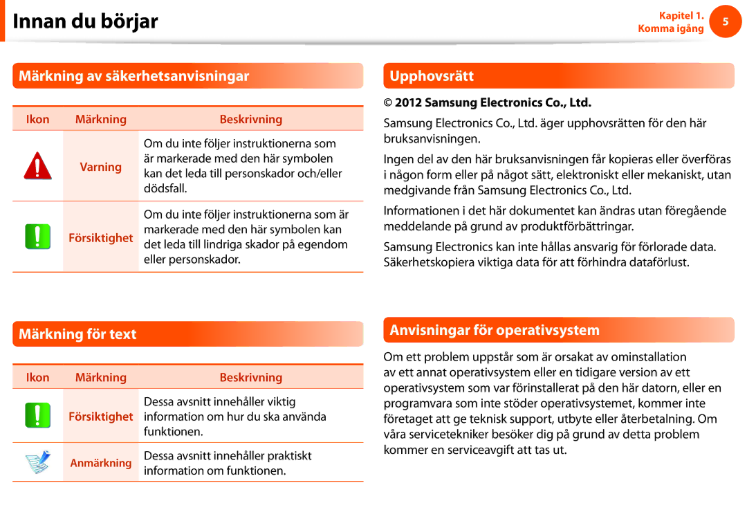 Samsung NP900X4C-A02SE Märkning av säkerhetsanvisningar, Upphovsrätt, Märkning för text, Anvisningar för operativsystem 