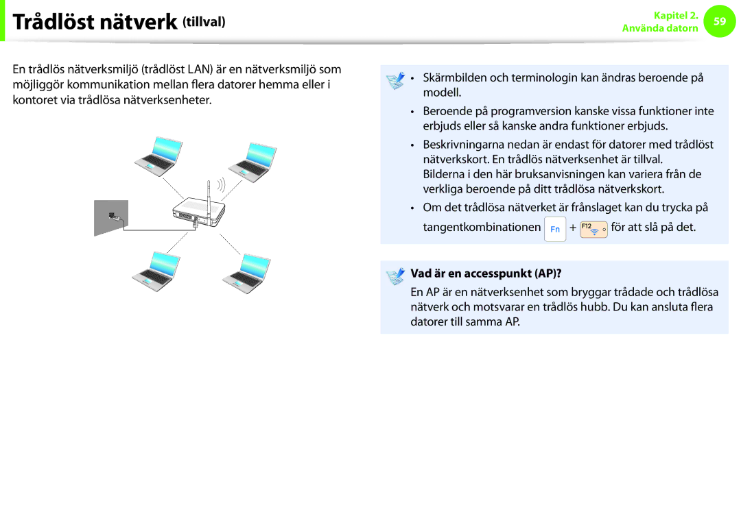 Samsung NP900X3E-K01SE manual Trådlöst nätverk tillval, Skärmbilden och terminologin kan ändras beroende på modell 