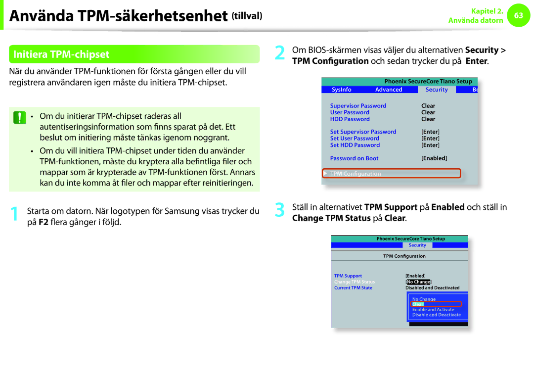 Samsung NP900X4D-B01SE, NP900X3G-K03SE, NP900X4D-A06SE, NP900X4D-K03SE manual Initiera TPM-chipset, Change TPM Status på Clear 