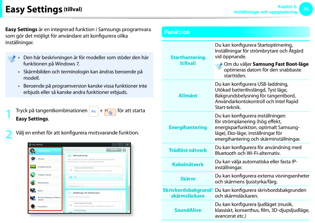 Samsung NP900X4C-A01SE, NP900X3G-K03SE, NP900X4D-A06SE, NP900X4D-K03SE, NP900X4C-K01SE manual Easy Settings tillval, Funktion 