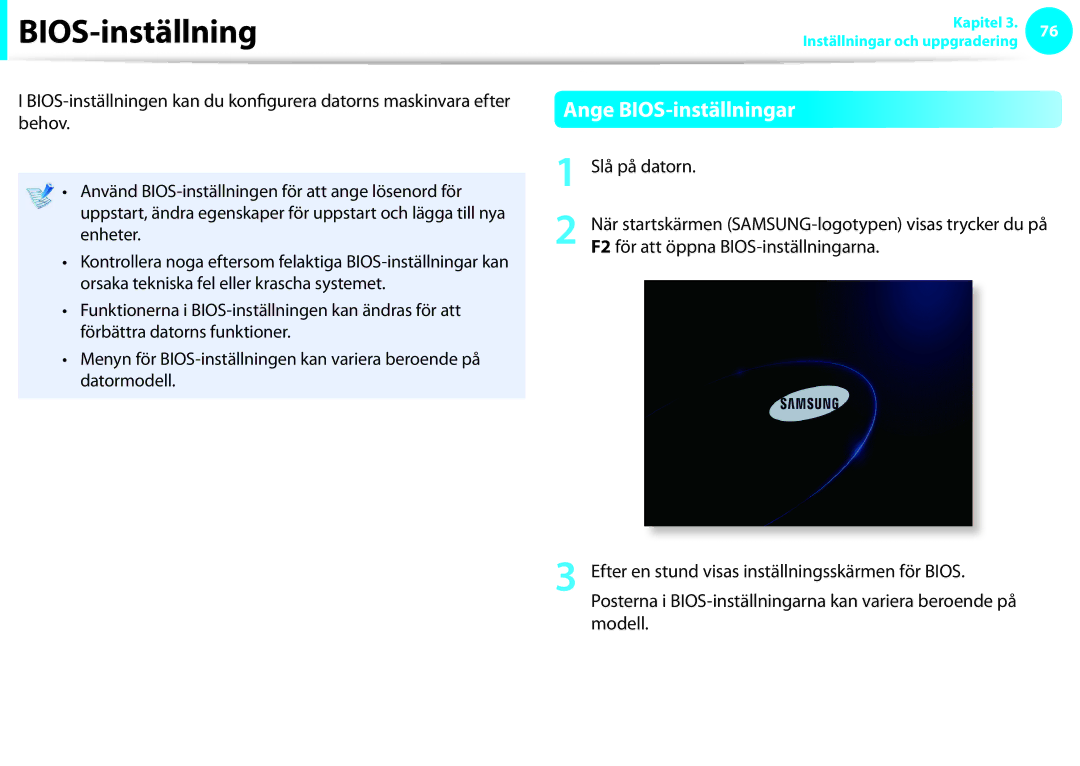 Samsung NP900X3F-G02SE, NP900X3G-K03SE, NP900X4D-A06SE, NP900X4D-K03SE manual BIOS-inställning, Slå på datorn, Modell 