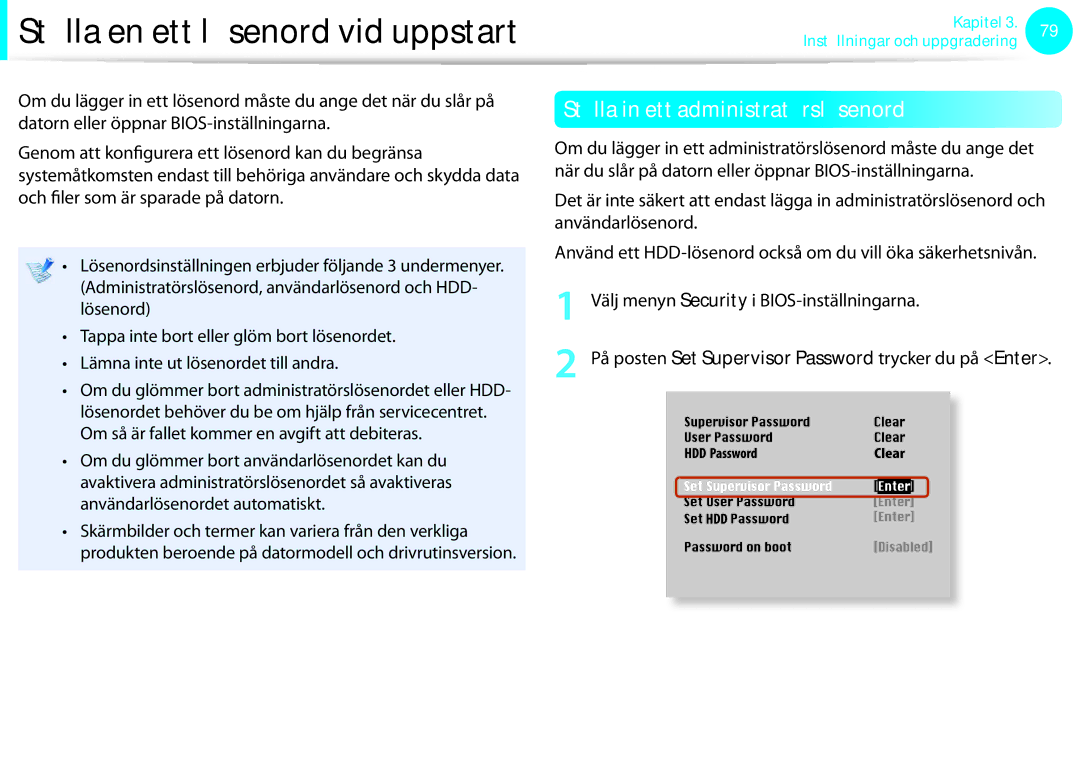 Samsung NP900X3E-A01SE, NP900X3G-K03SE manual Ställa en ett lösenord vid uppstart, Ställa in ett administratörslösenord 